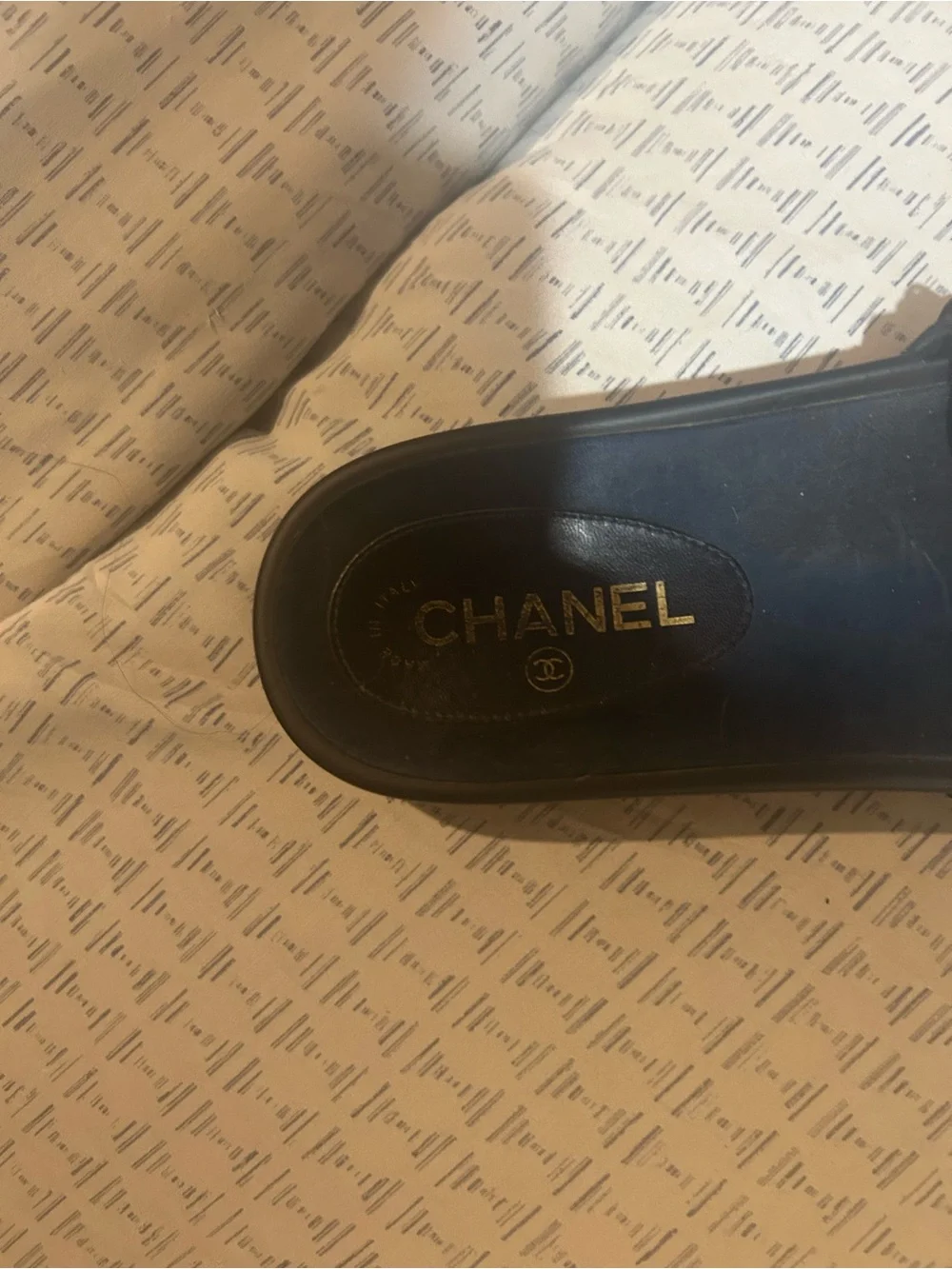 CHANEL Black Slides with Gold Chain Straps